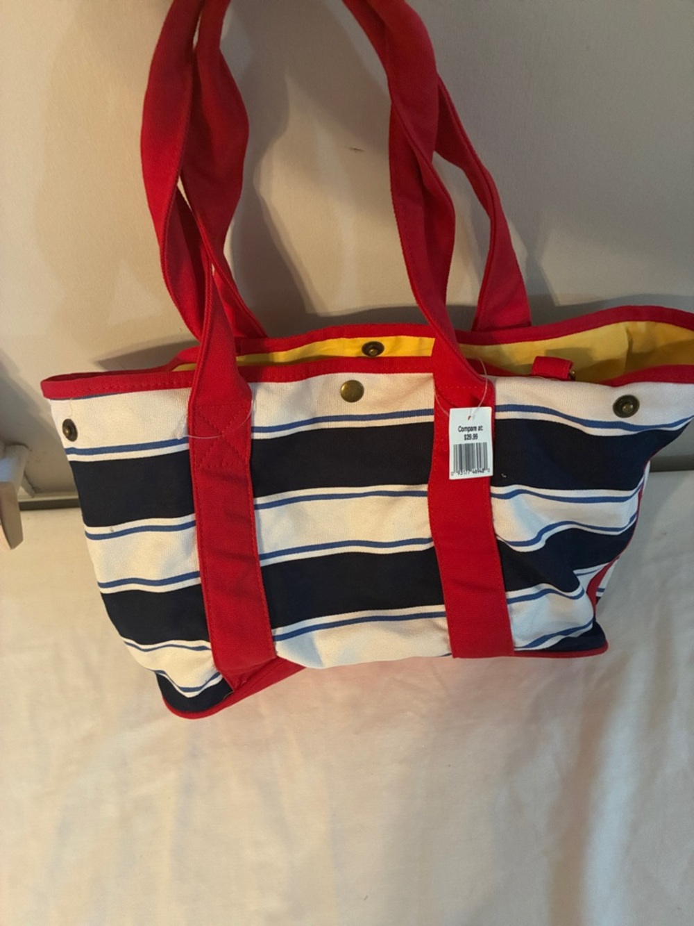Striped Canvas Tote Bag with Red Handles